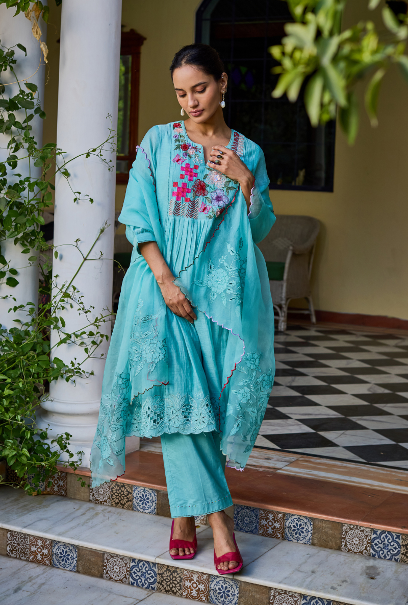 Turquoise Hand Embroidered Yoke Anaardana Kurta Set
