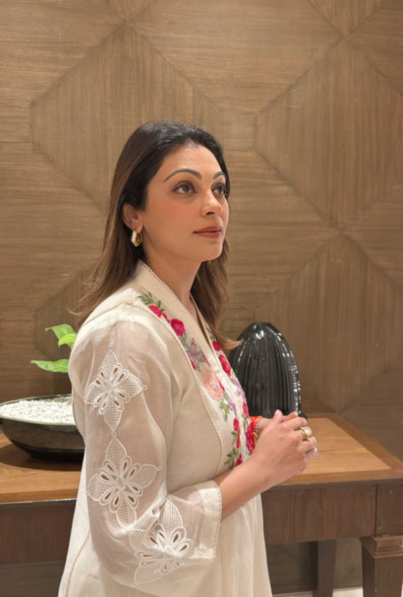 Meghna Nayyar in Ivory A Line Hand Embroidered Anaardana Kurta Set