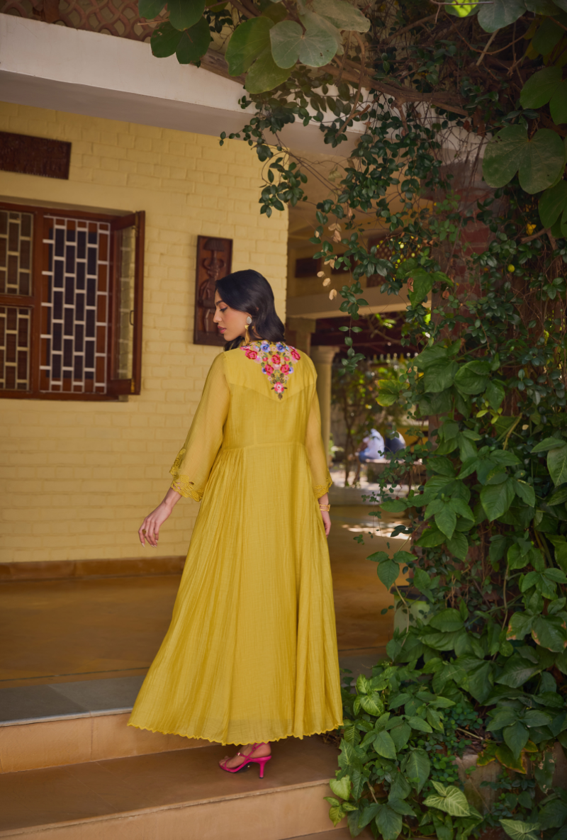 Mustard Cut Dana And Sequin Cape Anaardana Dress Set