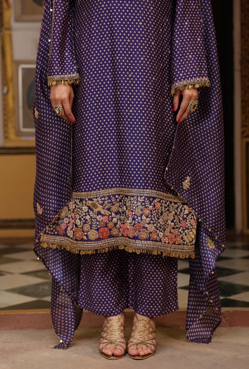Purple Printed Mayur Applique Long Mehfil Kurta Set