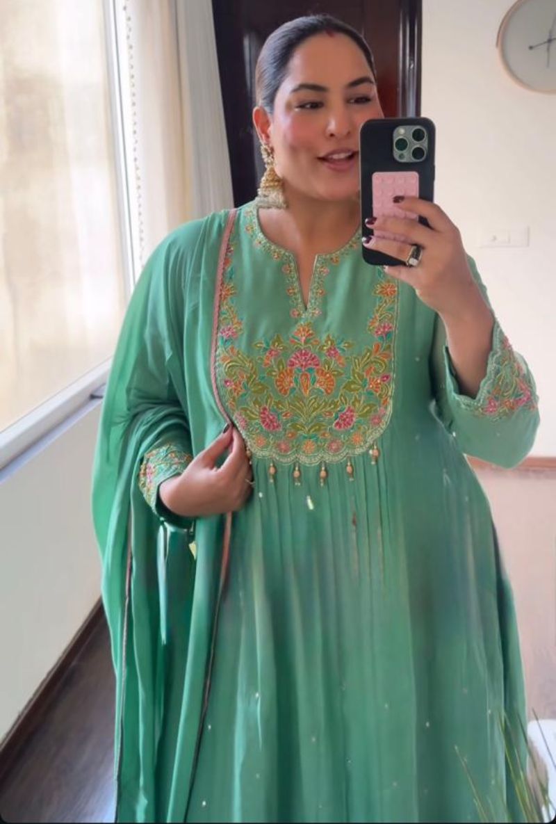 Sakshi Sindhwani in Aqua Resham Front Pleat Kurta Set