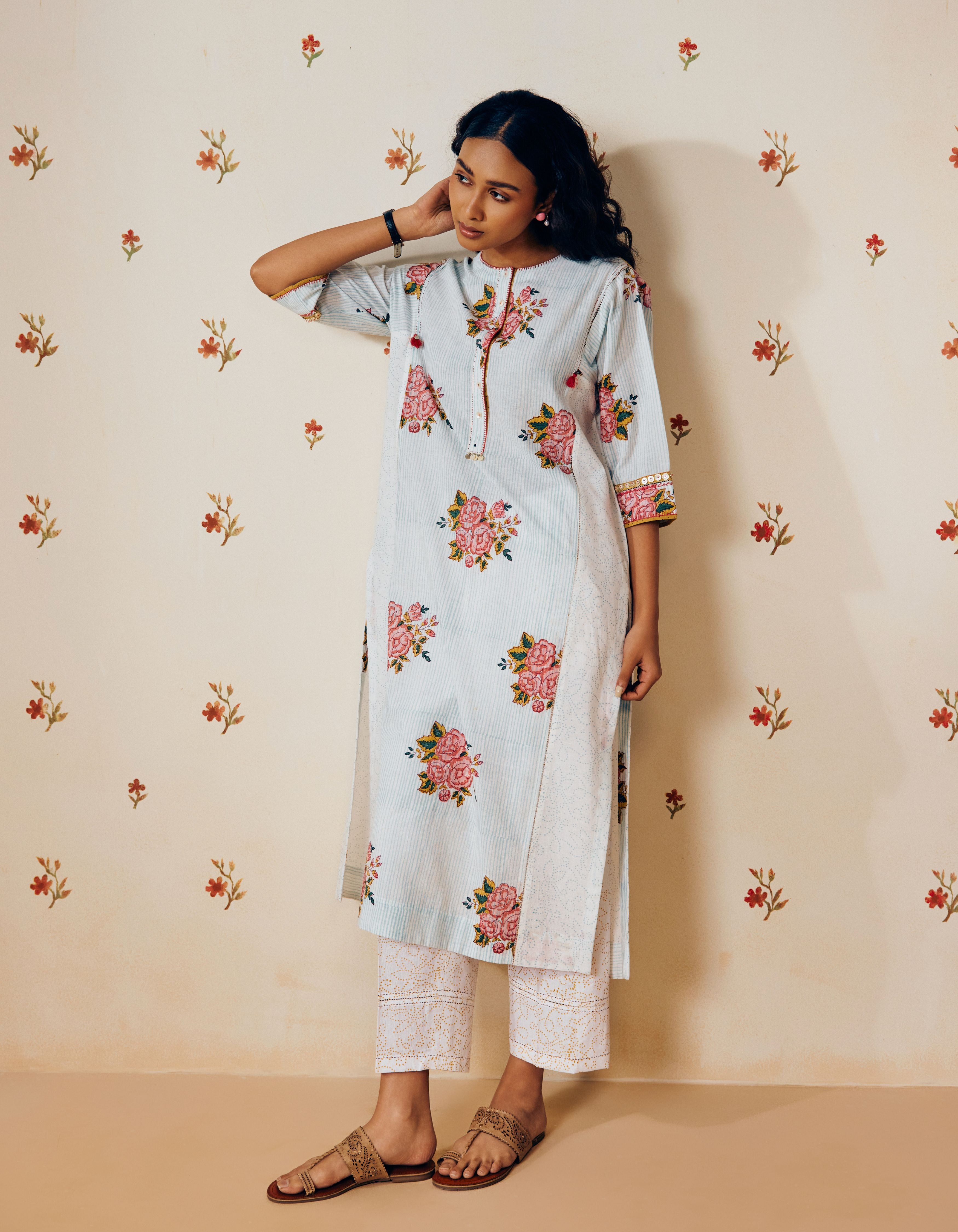 Powder Blue Rose And Bandhani Dot Hand Block Printed Mia Kurta Set