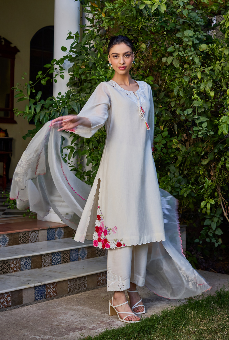 Ivory Cutwork Neckline Straight Anaardana Kurta Set