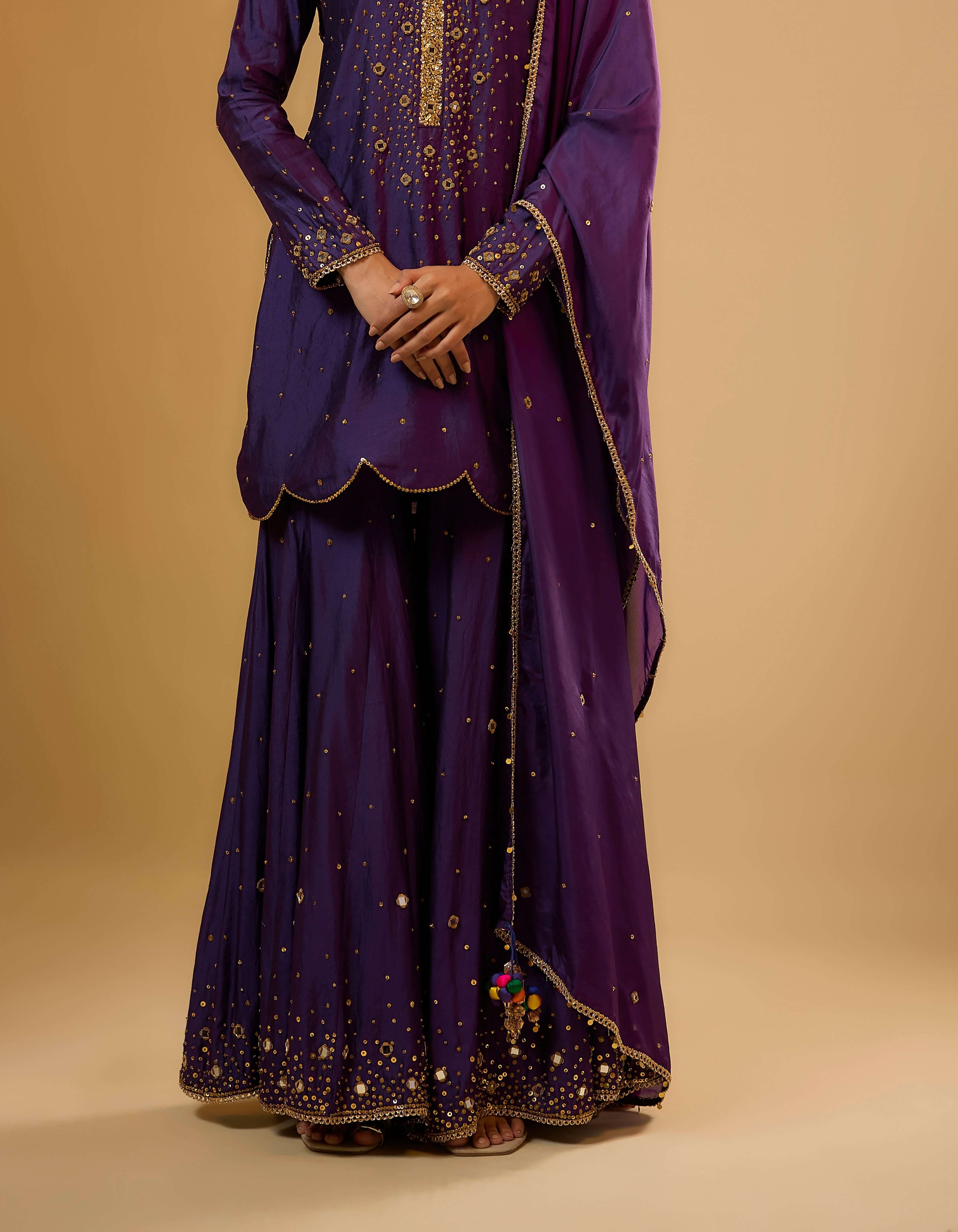 Purple Heavy Mirror Work Rani Sharara Set