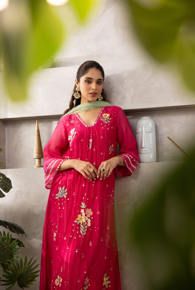 Pink Glass Neckline A-Line Kurta Set