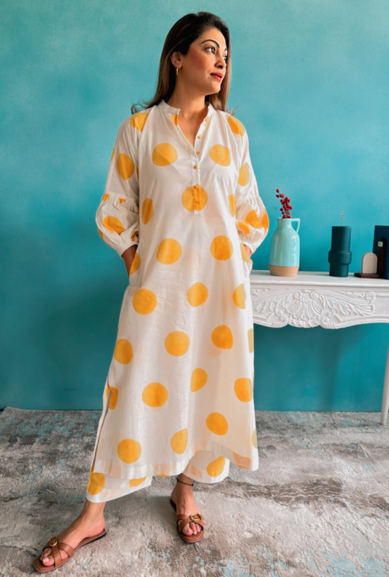 Meghna Nayyar in Yellow Polka Lovebirds Kurta Set