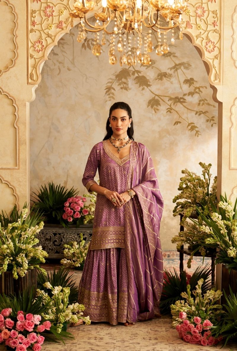 Purple Bandhini Rumi Gharara Set
