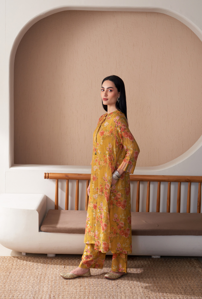 Mustard Floral Jaal Print Bageecha Kurta Set