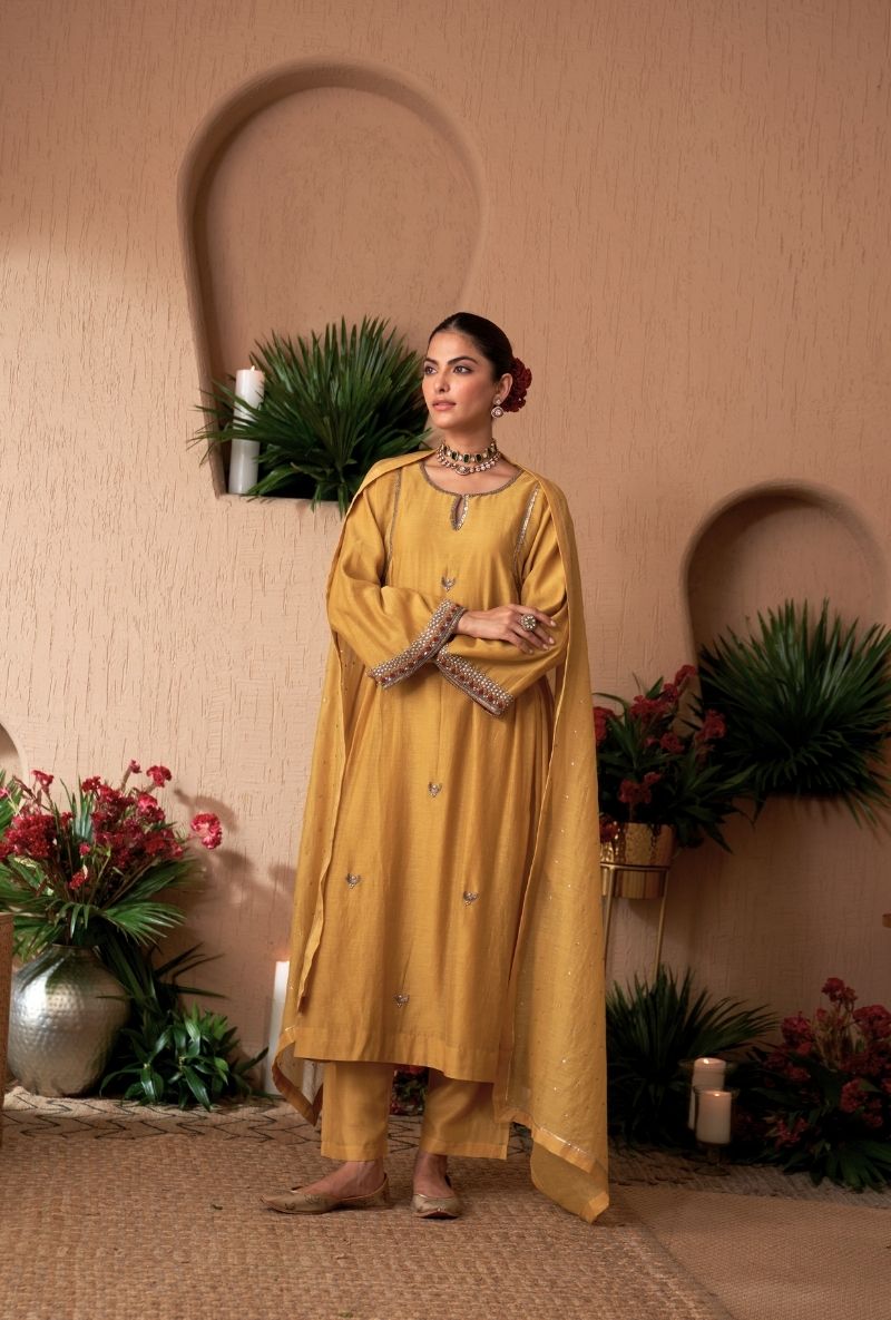 Mustard Square Sleeve Naveli Kurta Set