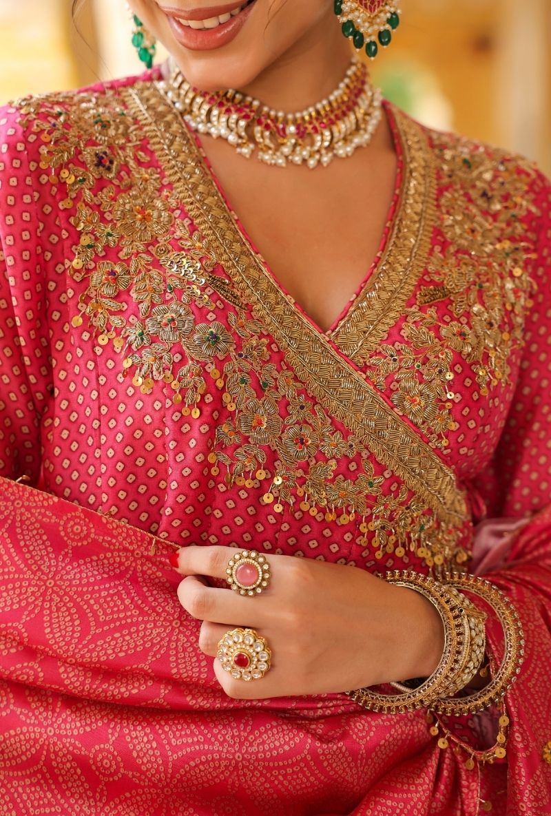 Pink Printed Angrakha Mehfil Sharara Set