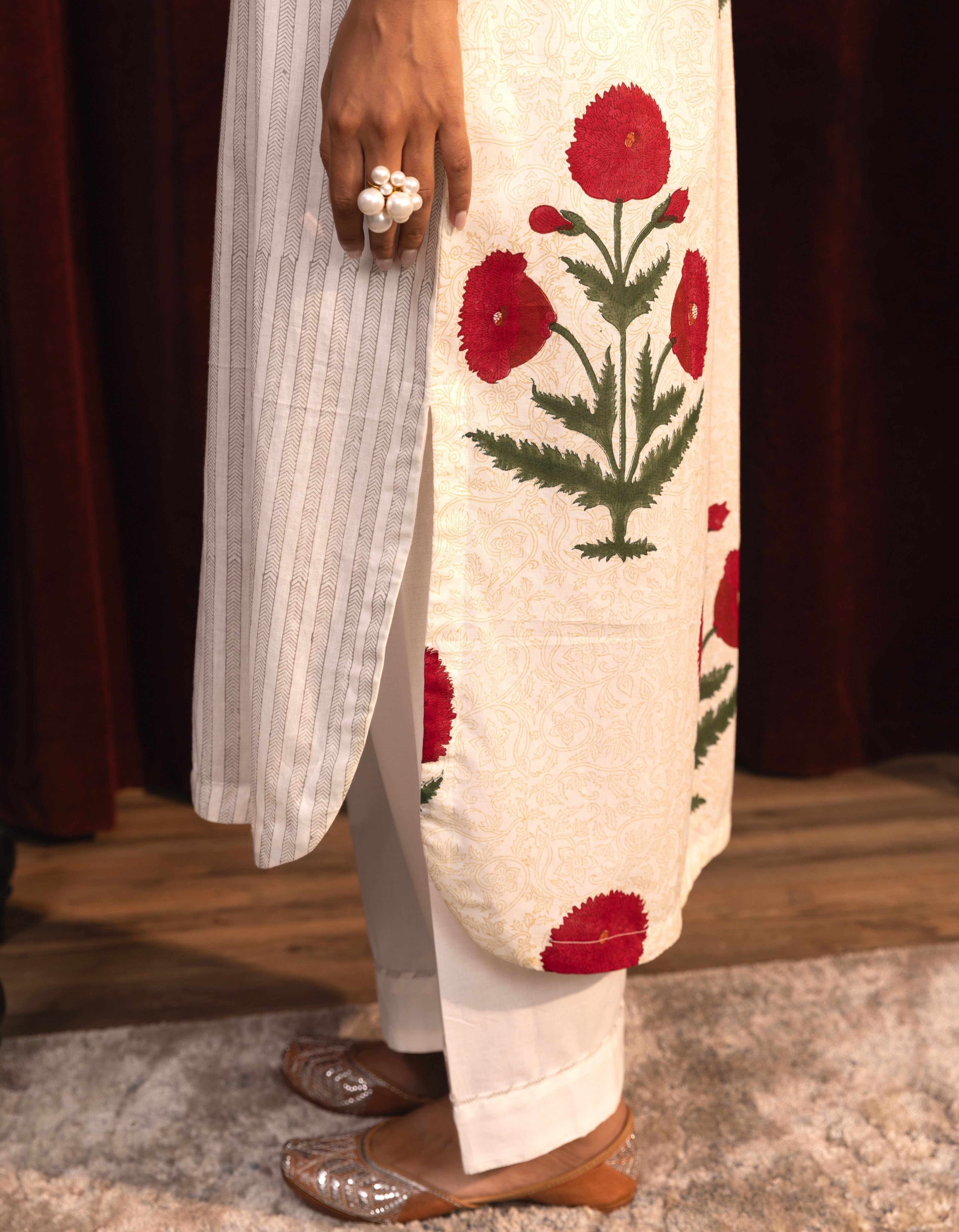 White Mughal Poppy Block Print Mogra Kurta Set