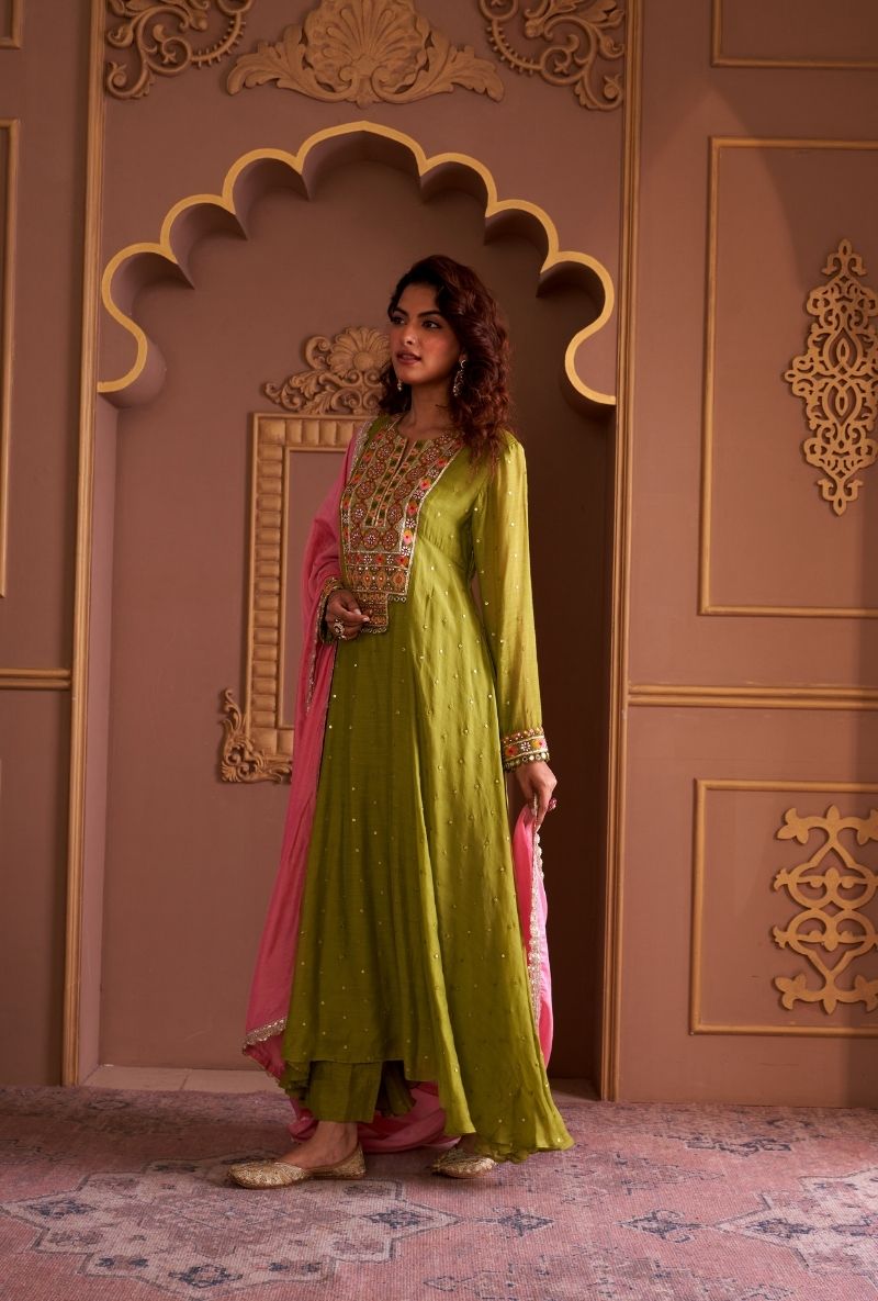 Green Rectangle Gota Yoke Rasia Kurta Set