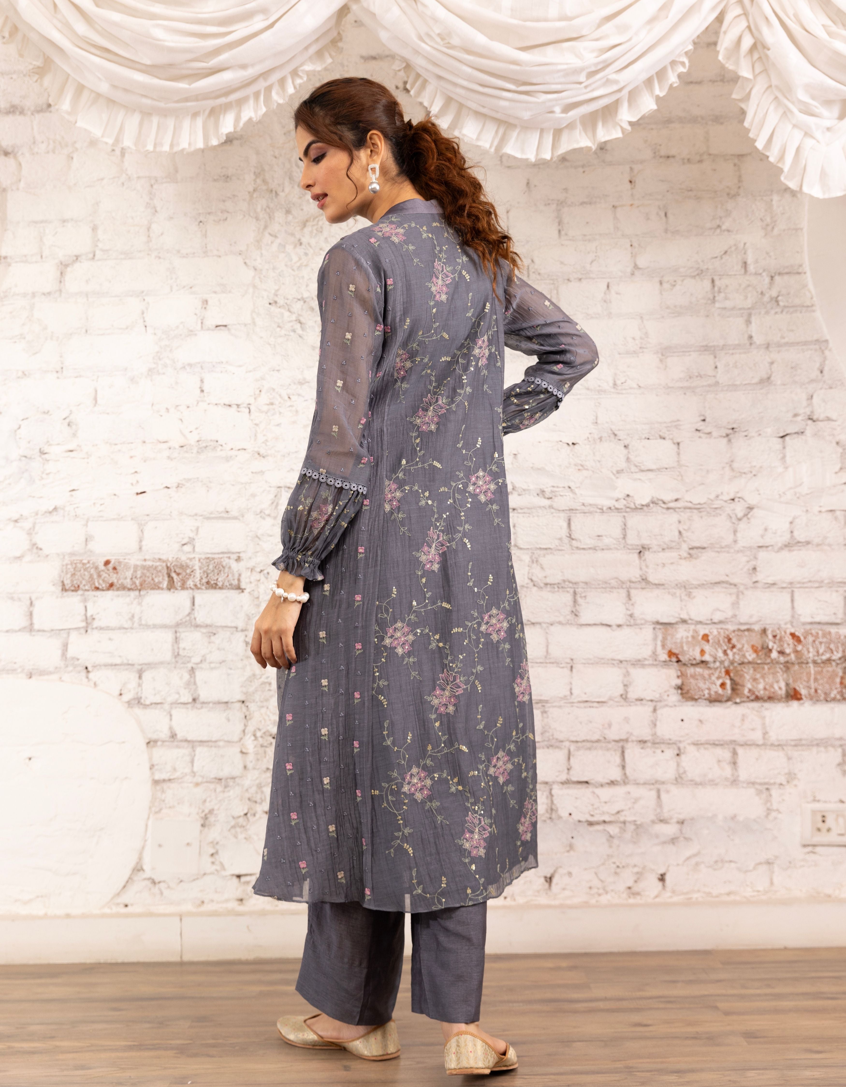 English Blue Side Gather Noor Kurta Set