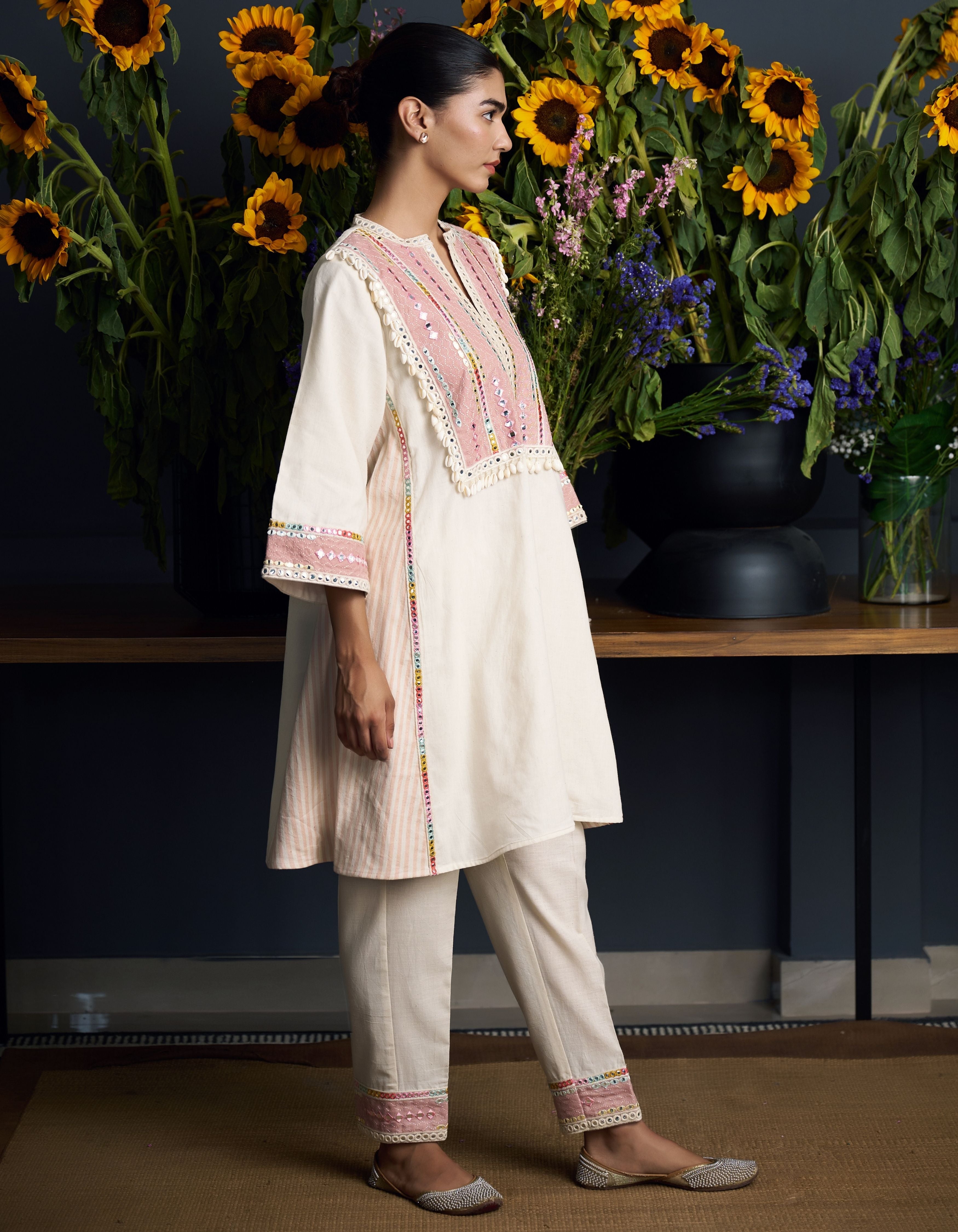 Beige Stripes Yoke With Shells Nartaki Nadia Kurta Set
