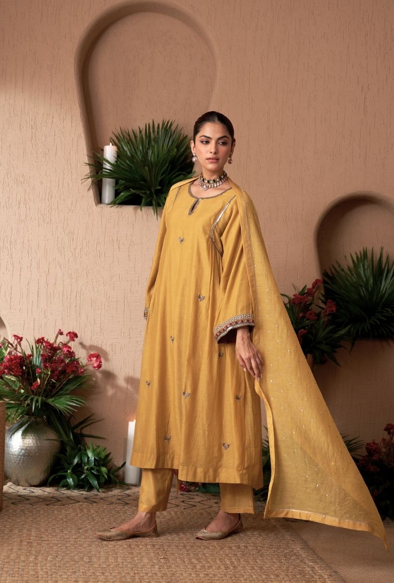 Mustard Square Sleeve Naveli Kurta Set