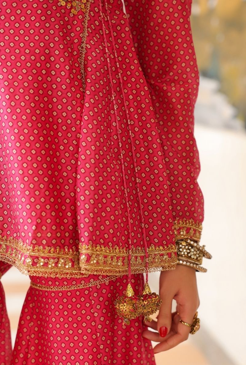Pink Printed Angrakha Mehfil Sharara Set