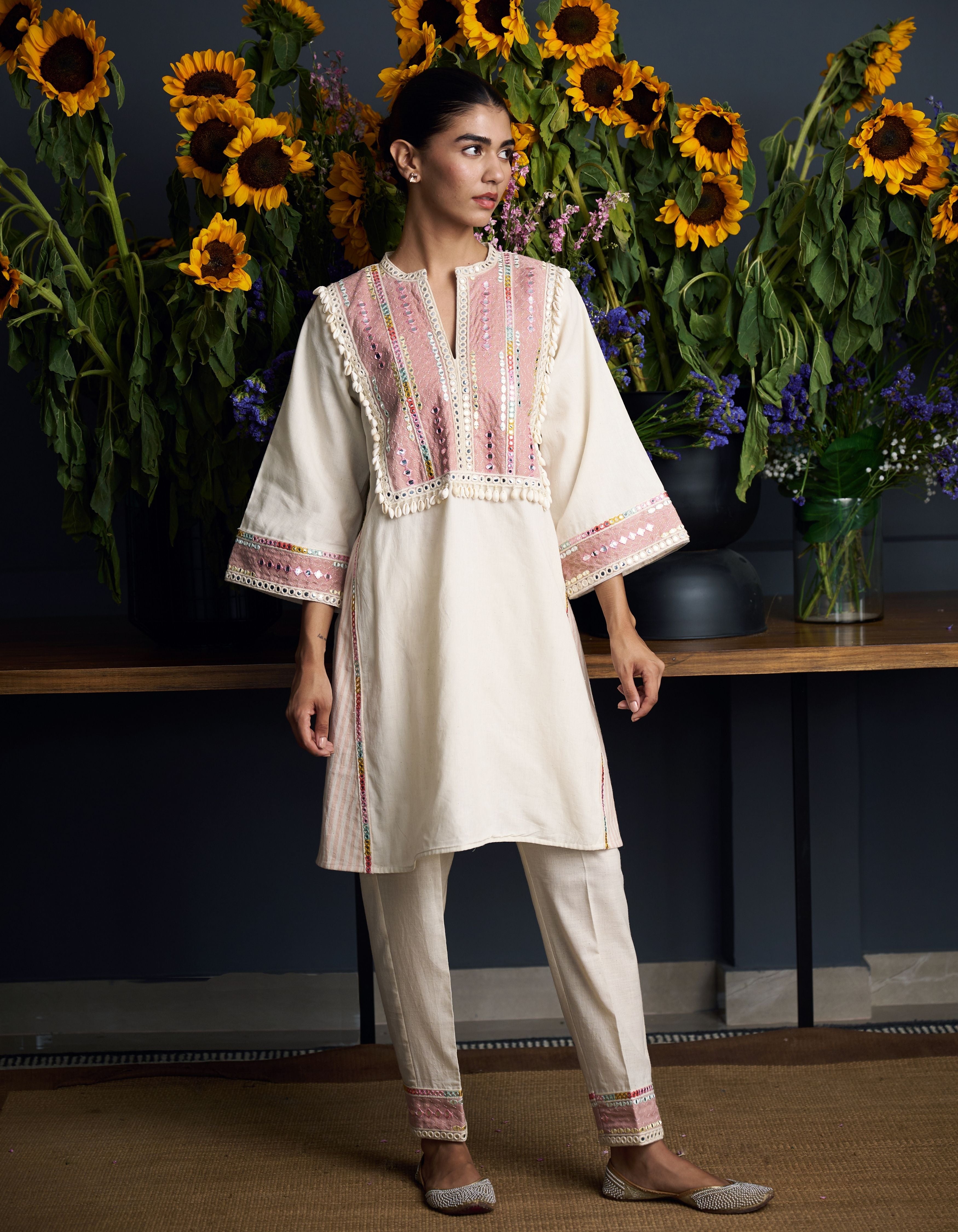 Beige Stripes Yoke With Shells Nartaki Nadia Kurta Set