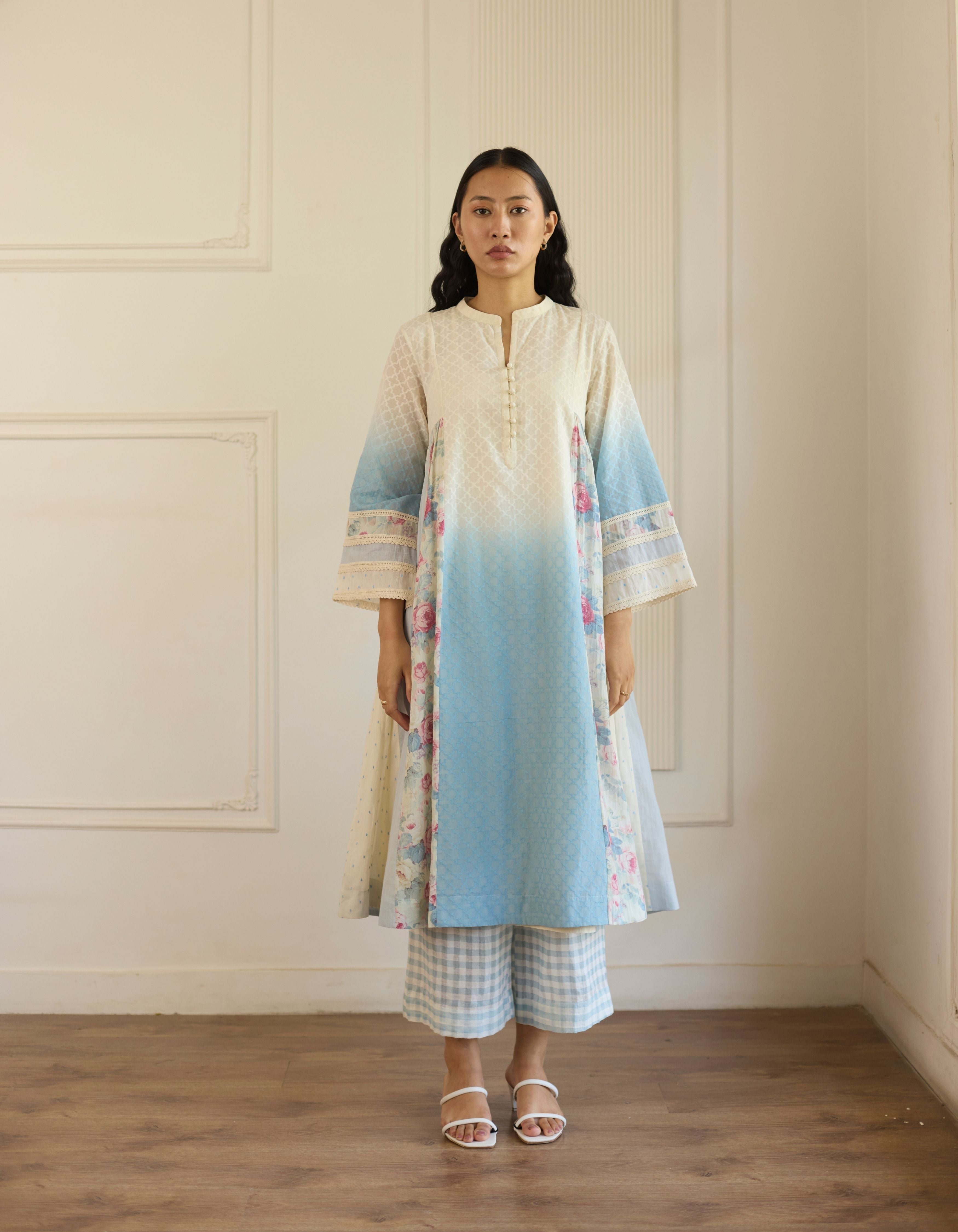 Blue Ombre Side Pleat Panel Amelia Kurta Set