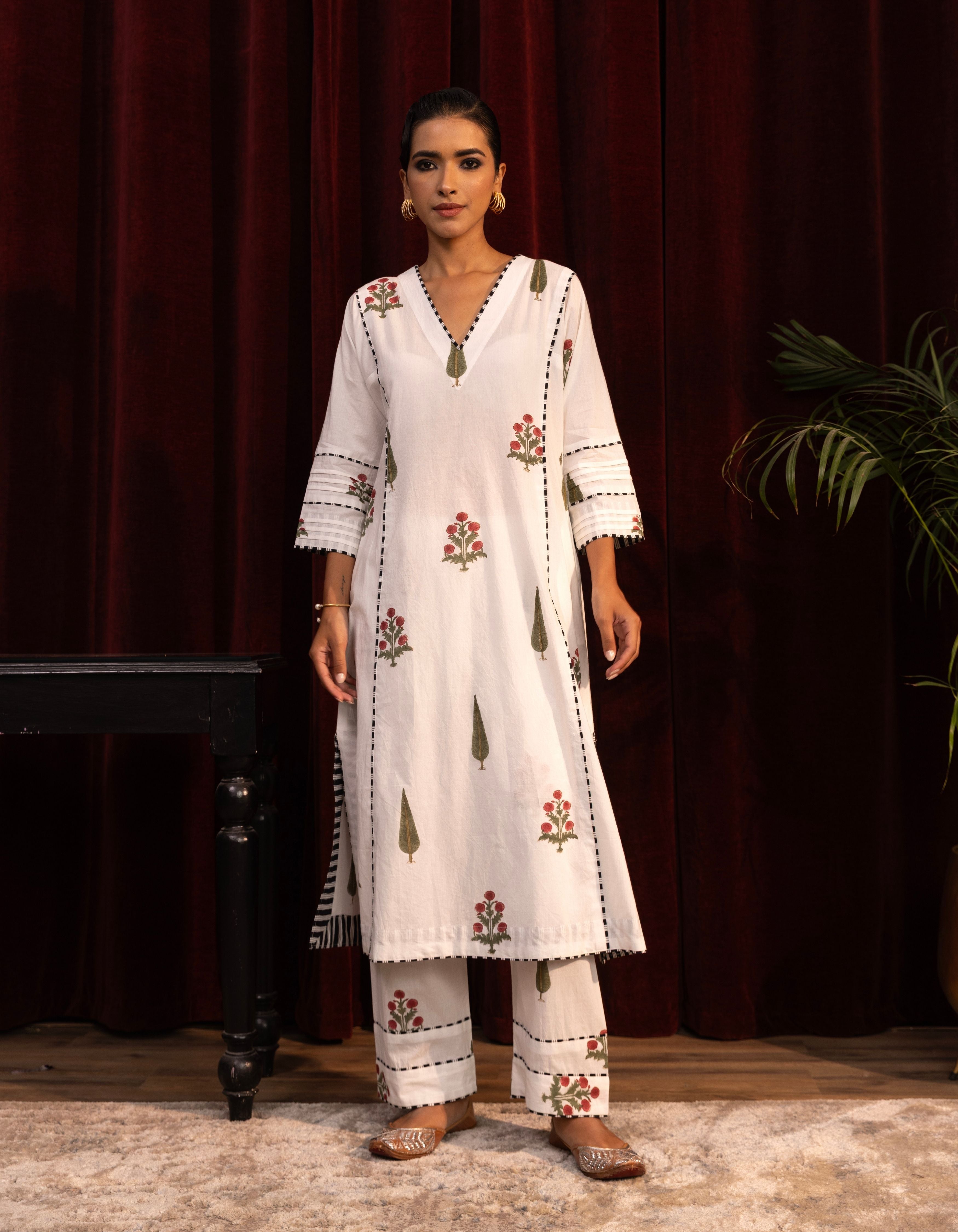 White Cypress Leaf and Poppy Print Mogra Kurta Set