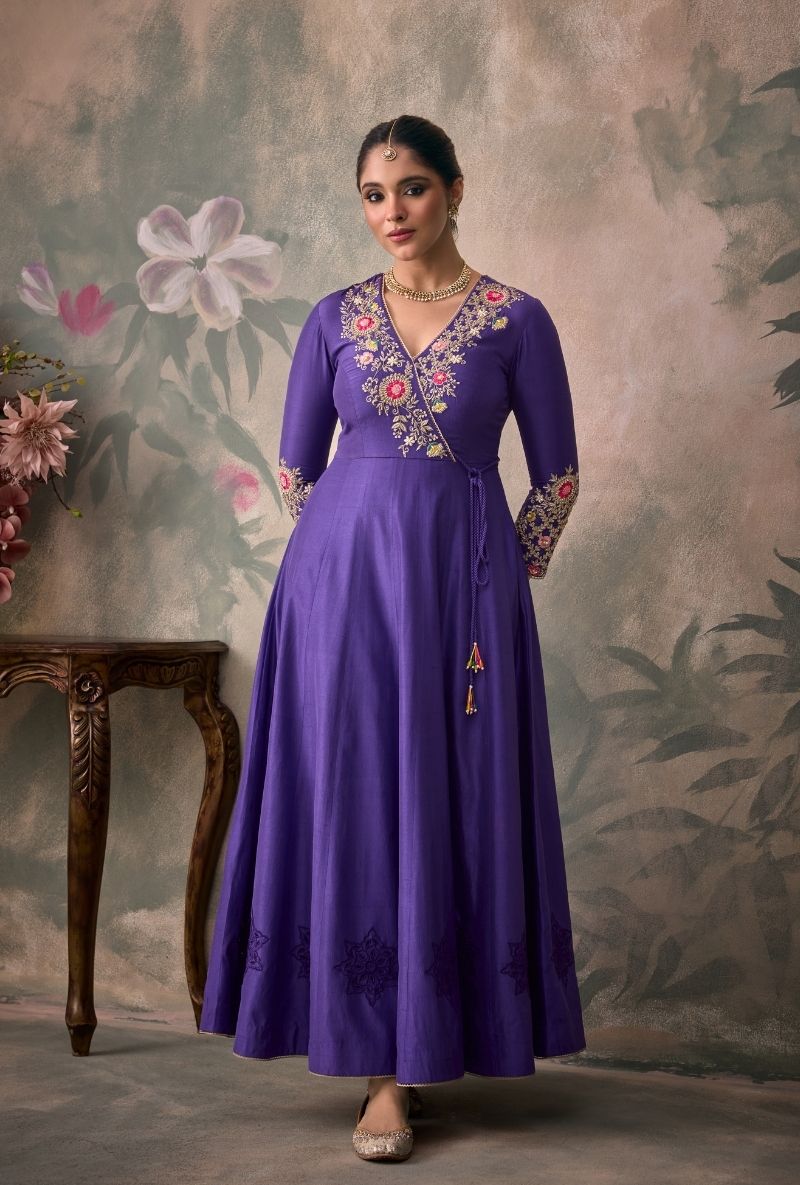Purple Overlap Embroidered Yoke Jalsa Anarkali Set