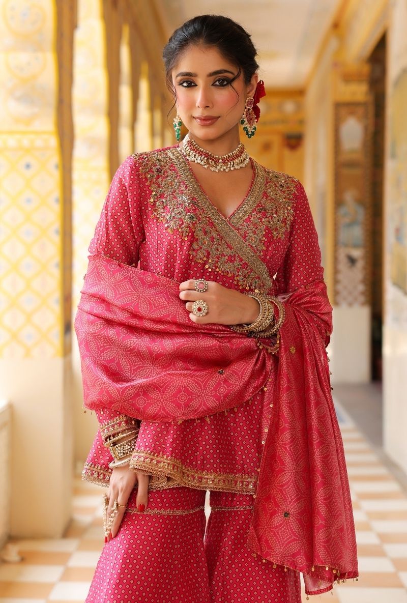 Pink Printed Angrakha Mehfil Sharara Set