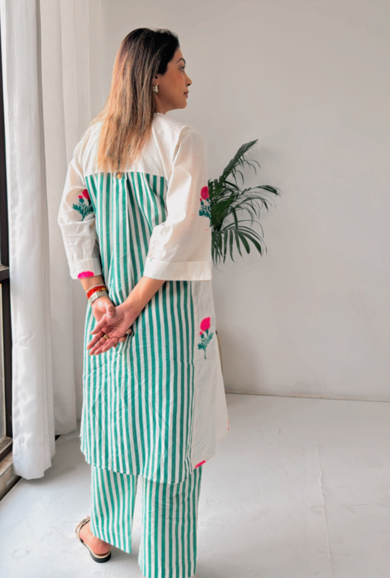Meghna Nayyar in White and Pink Hand Block Print Kalidaar Tara Olivia Kurta Set