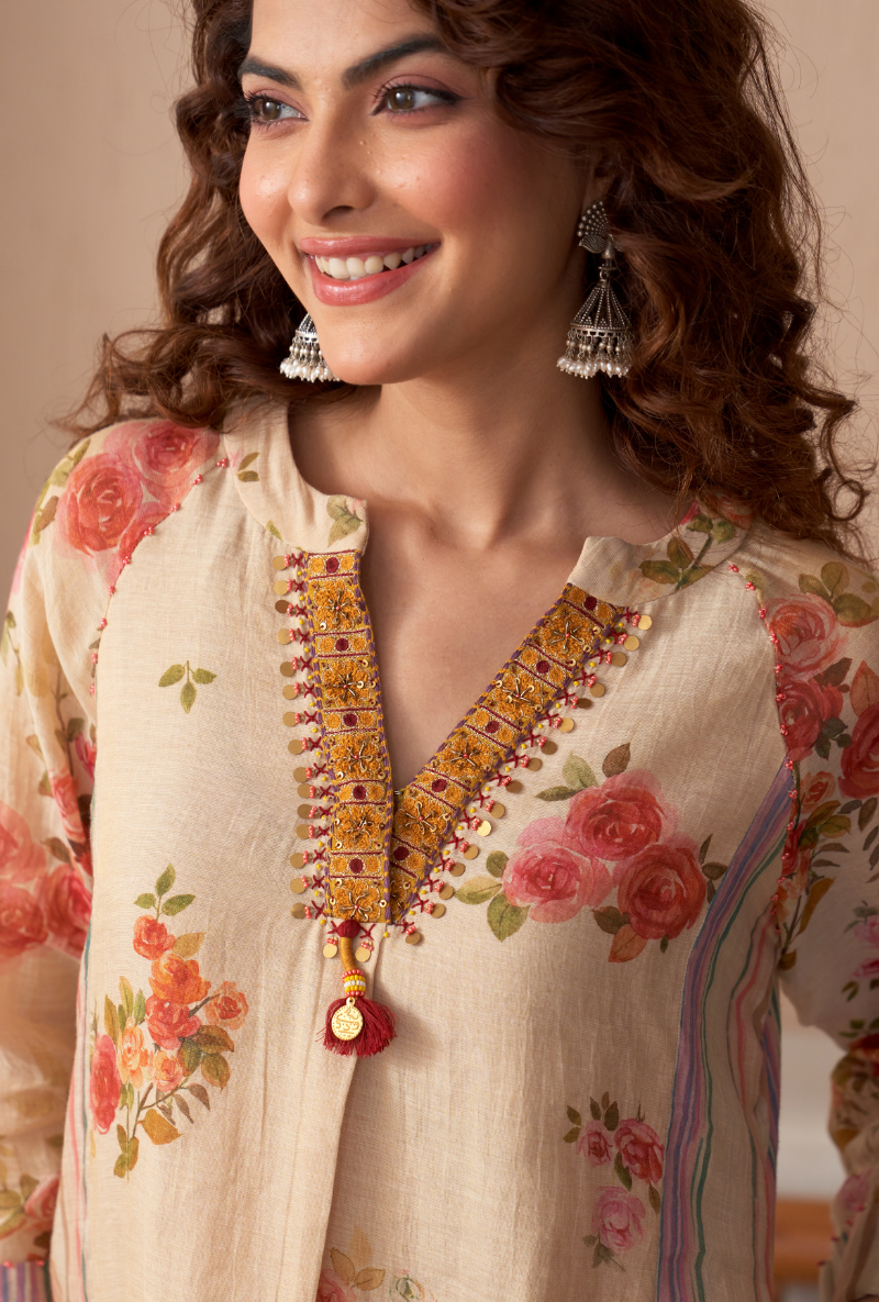 Ivory Embroidered V Neck Bageecha Kurta Set