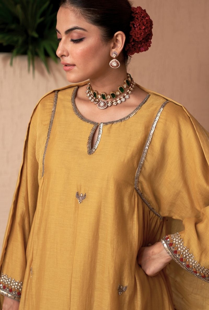 Mustard Square Sleeve Naveli Kurta Set