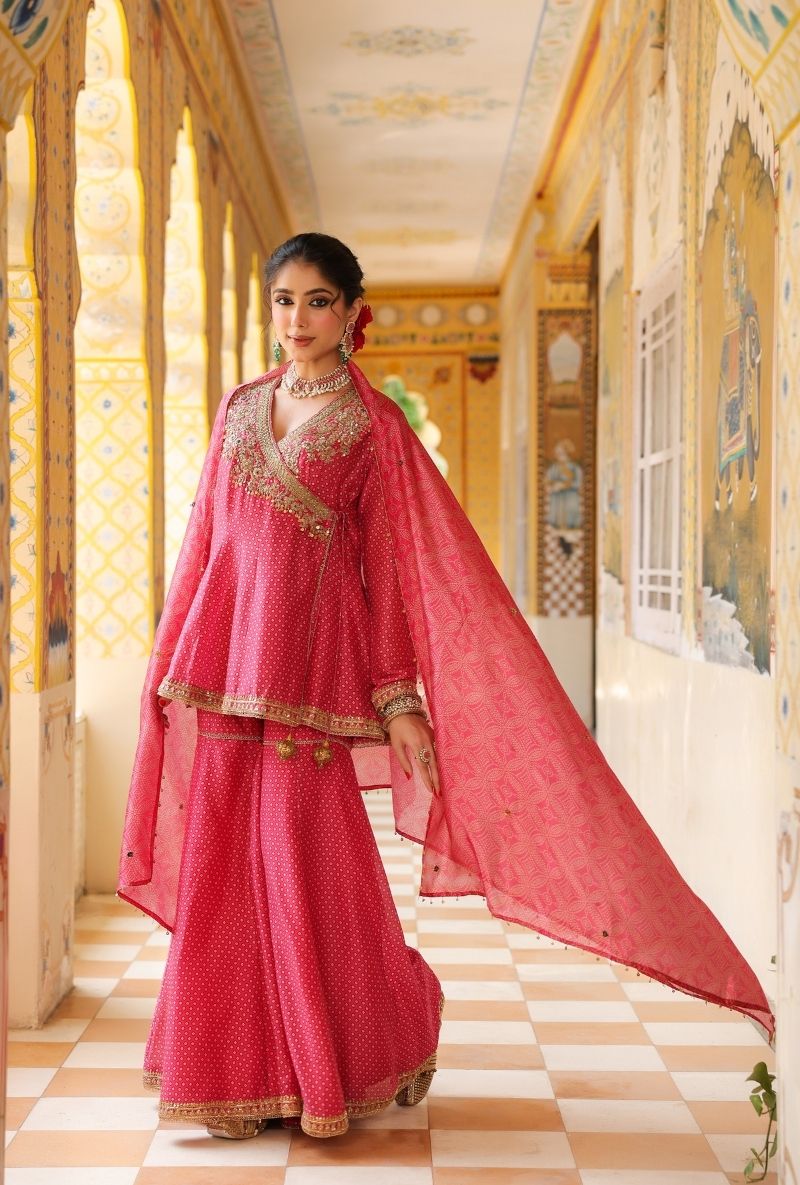 Pink Printed Angrakha Mehfil Sharara Set