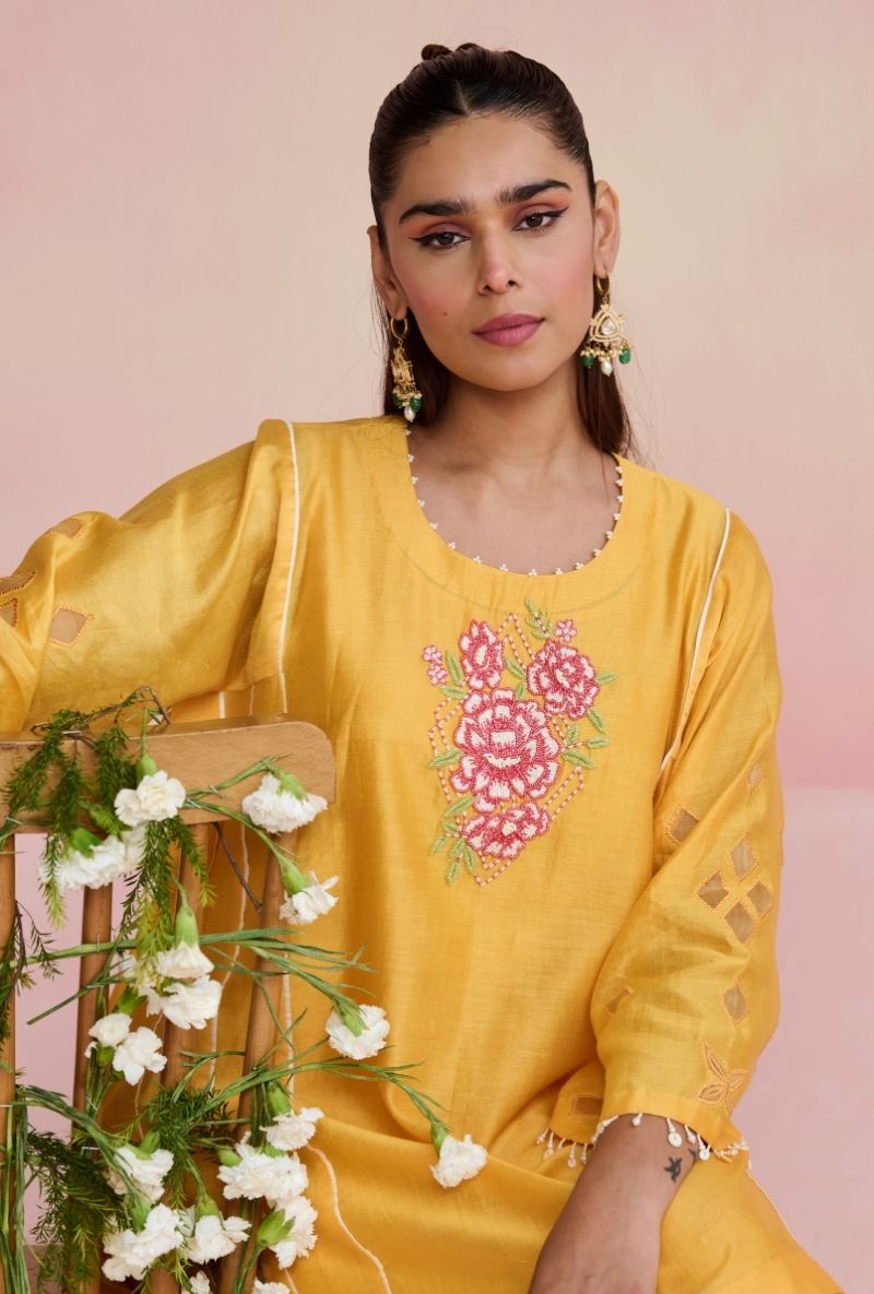 Yellow Motif Yoke Amara Short Kurta Set