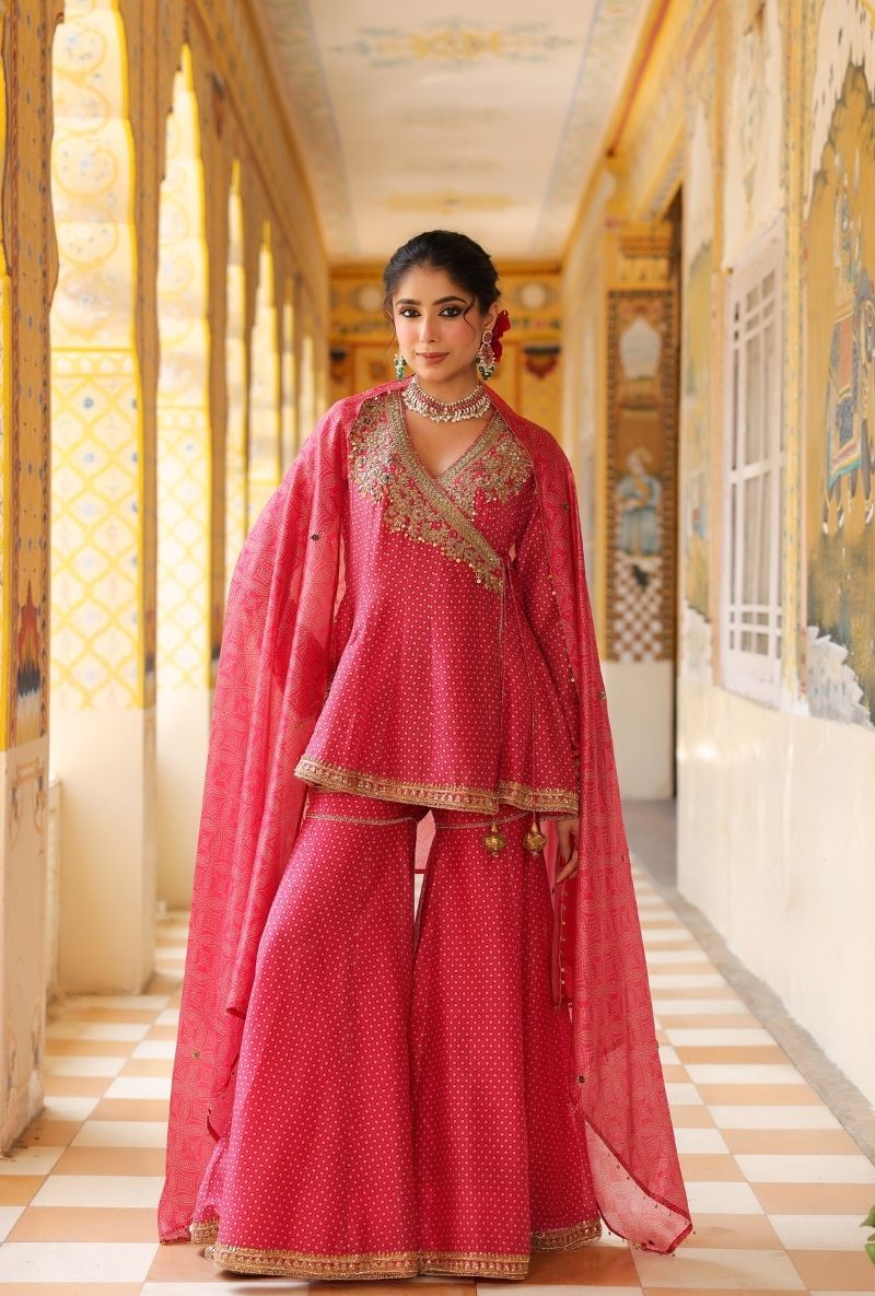 Pink Printed Angrakha Mehfil Sharara Set