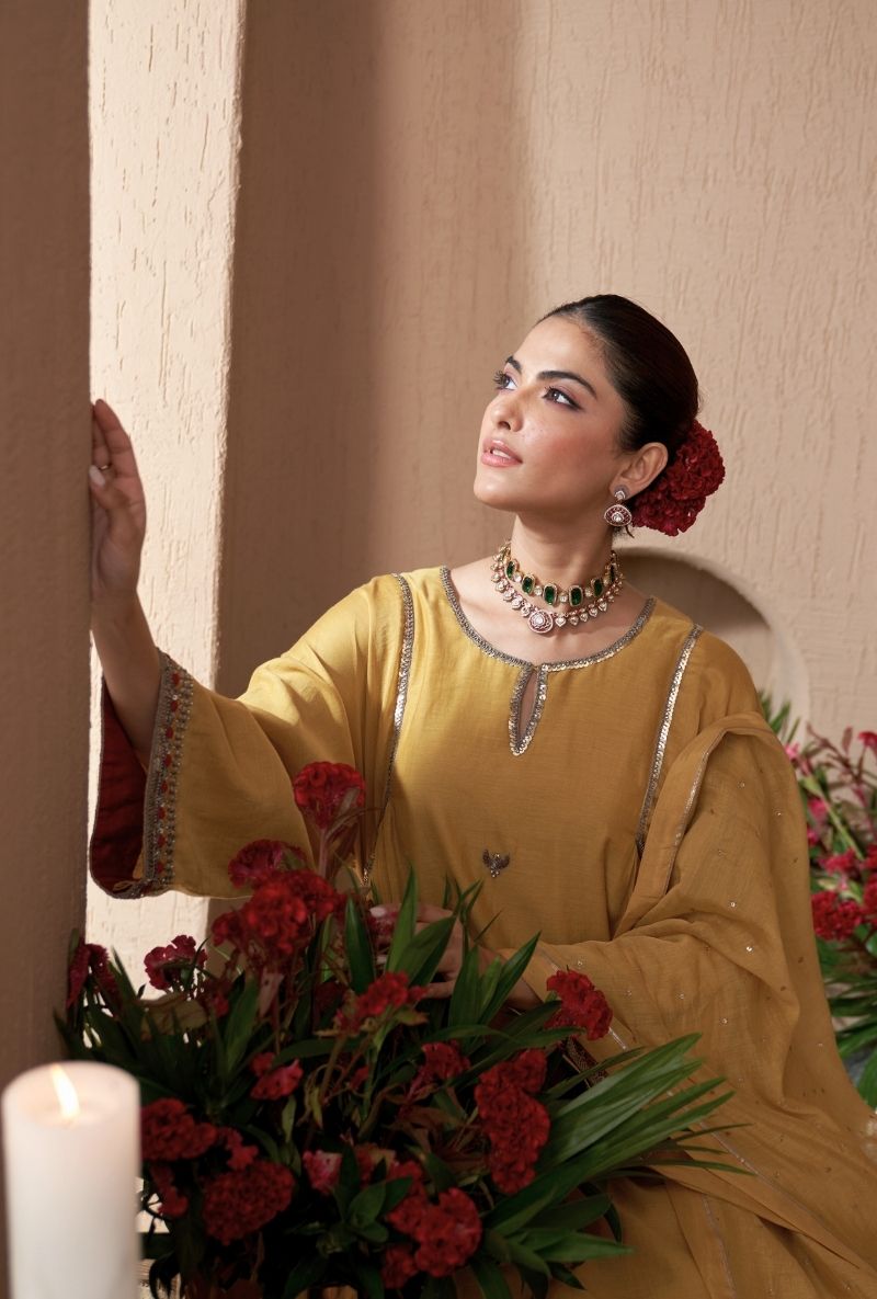 Mustard Square Sleeve Naveli Kurta Set
