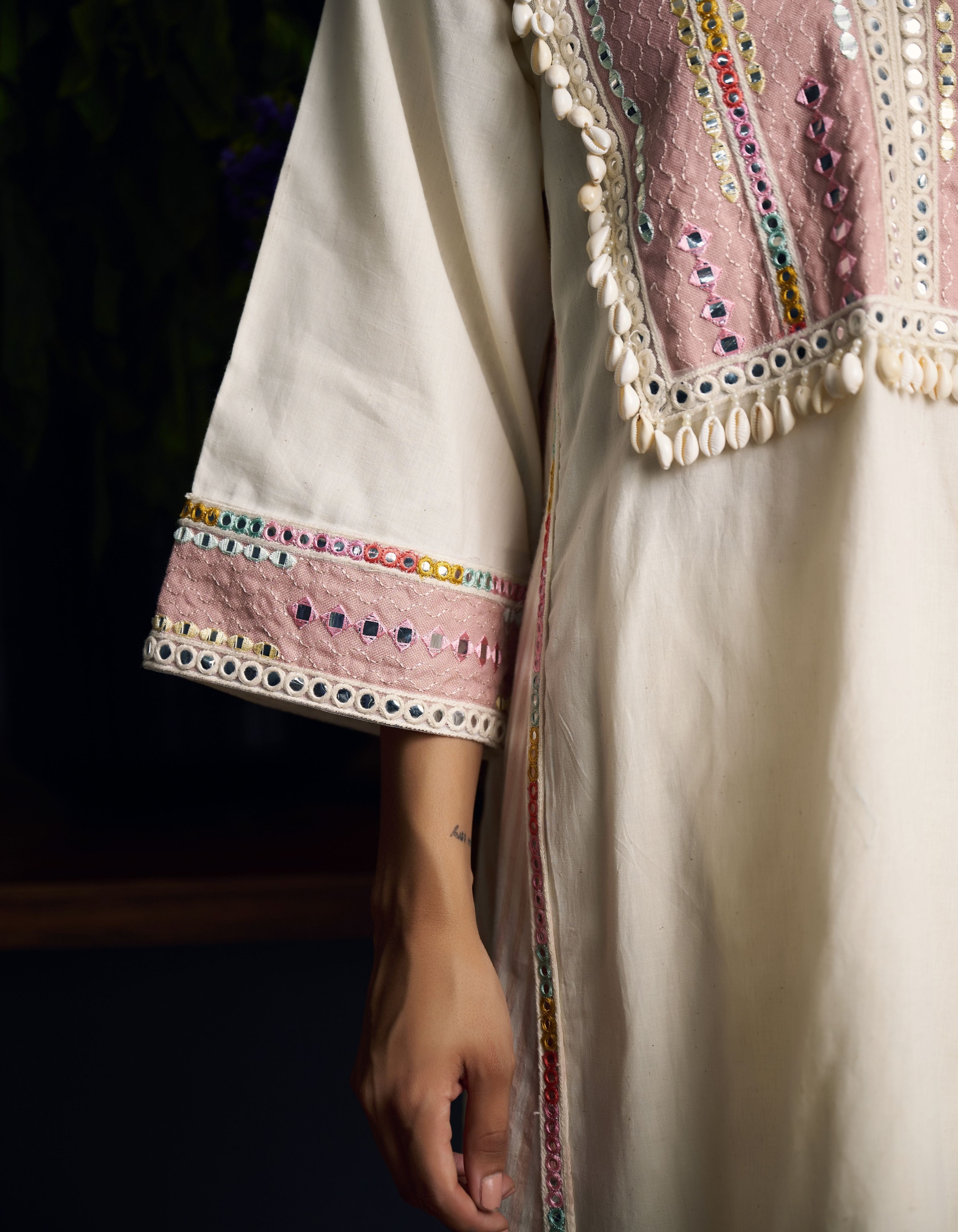 Beige Stripes Yoke With Shells Nartaki Nadia Kurta Set