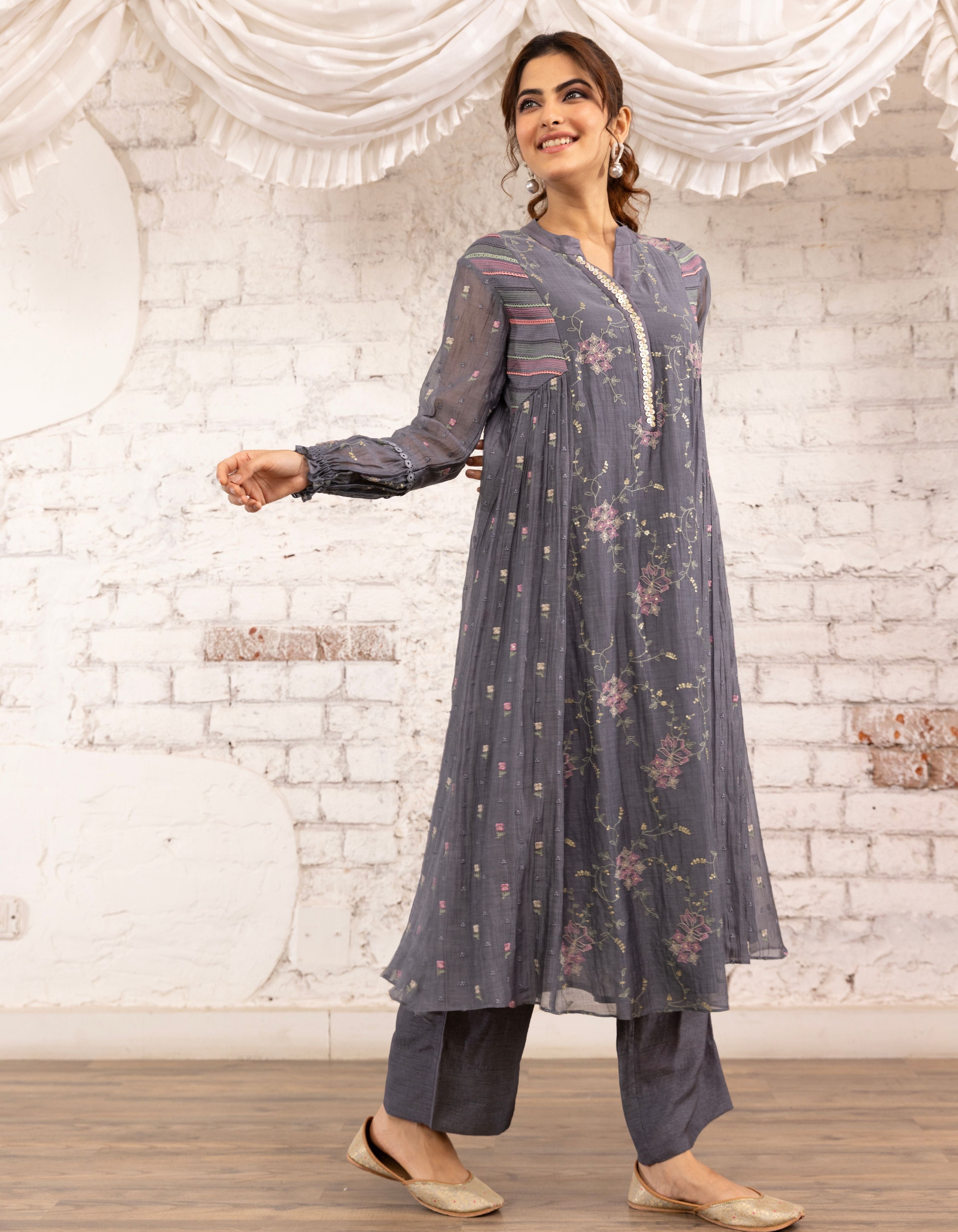 English Blue Side Gather Noor Kurta Set