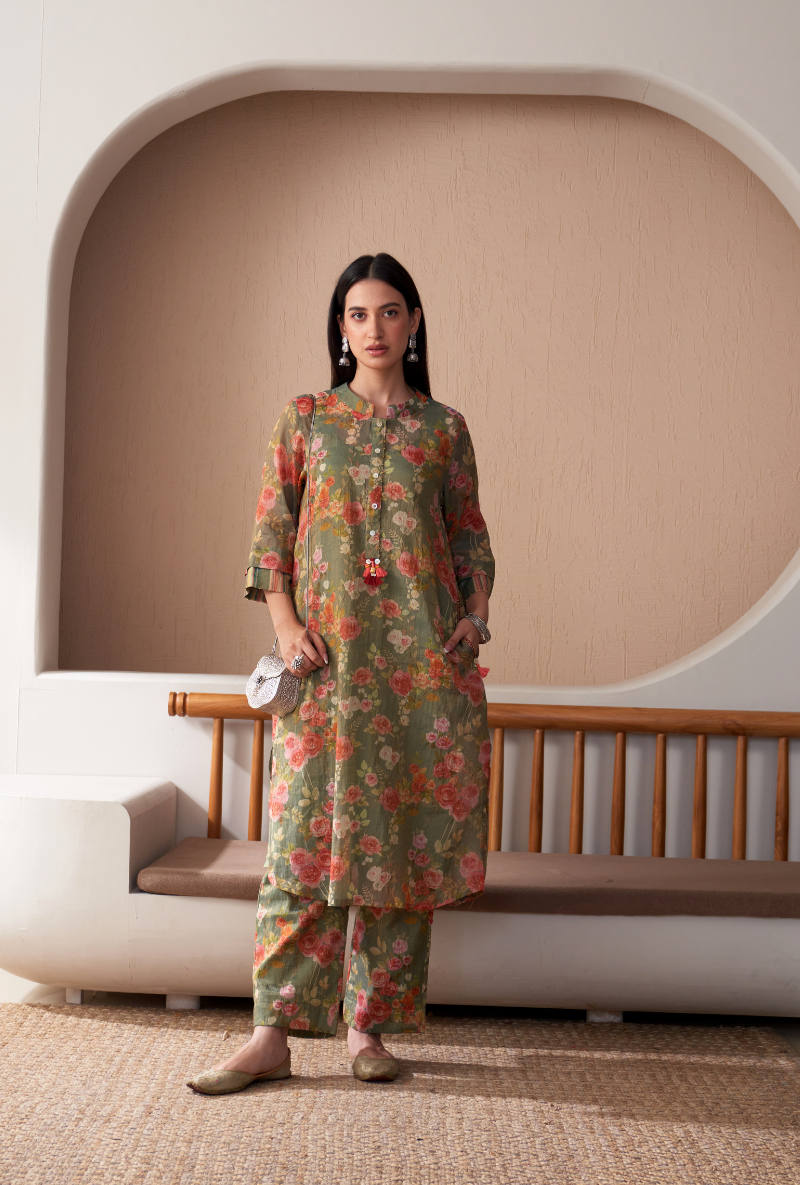 Green Floral Jaal Print Bageecha Kurta Set