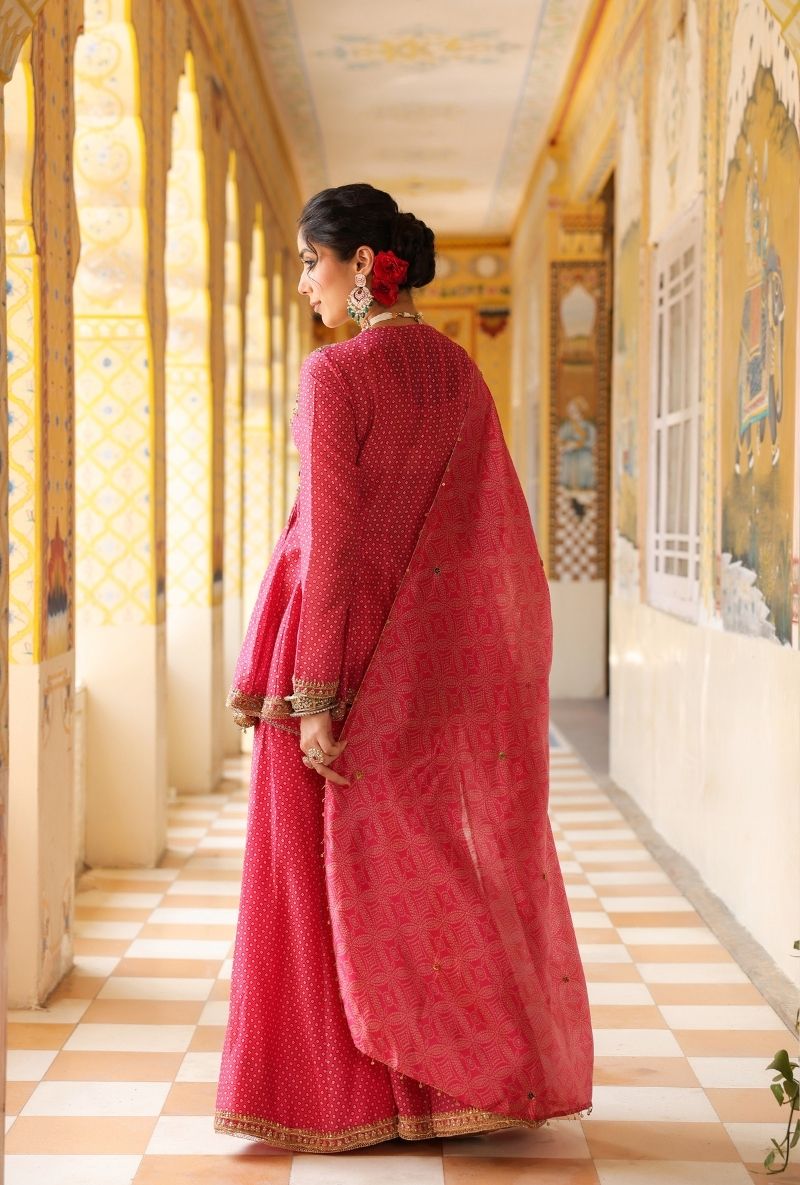 Pink Printed Angrakha Mehfil Sharara Set