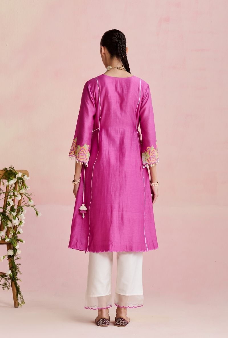 Magenta Pink Embroidered Angrakha Yoke Amara Kurta Set