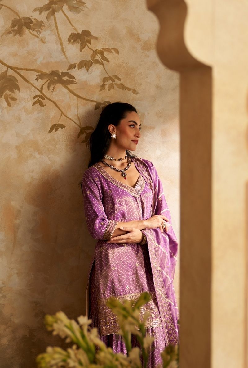 Purple Bandhini Rumi Gharara Set