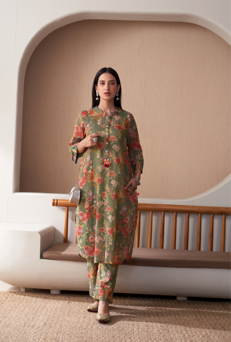 Green Floral Jaal Print Bageecha Kurta Set