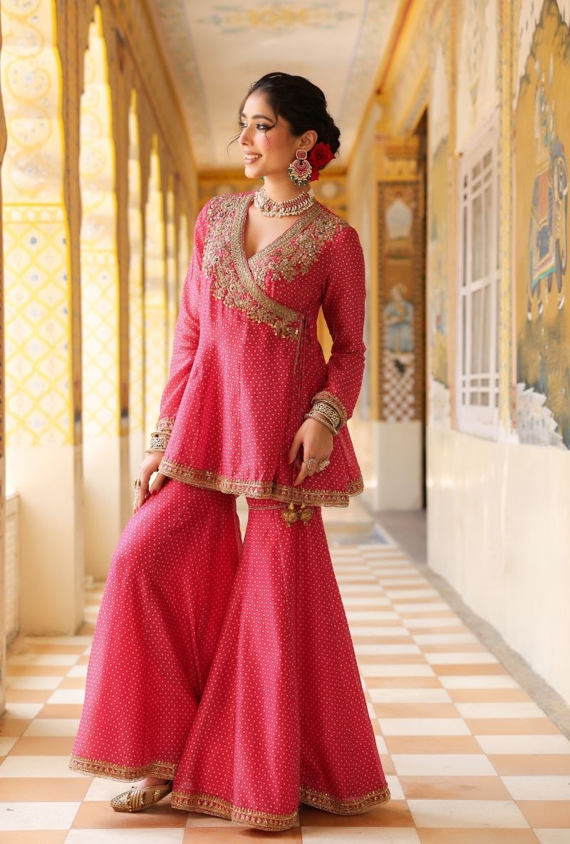Pink Printed Angrakha Mehfil Sharara Set