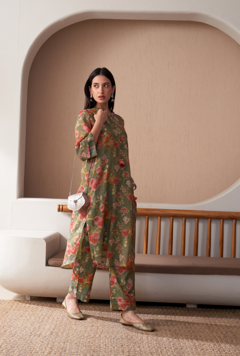 Green Floral Jaal Print Bageecha Kurta Set