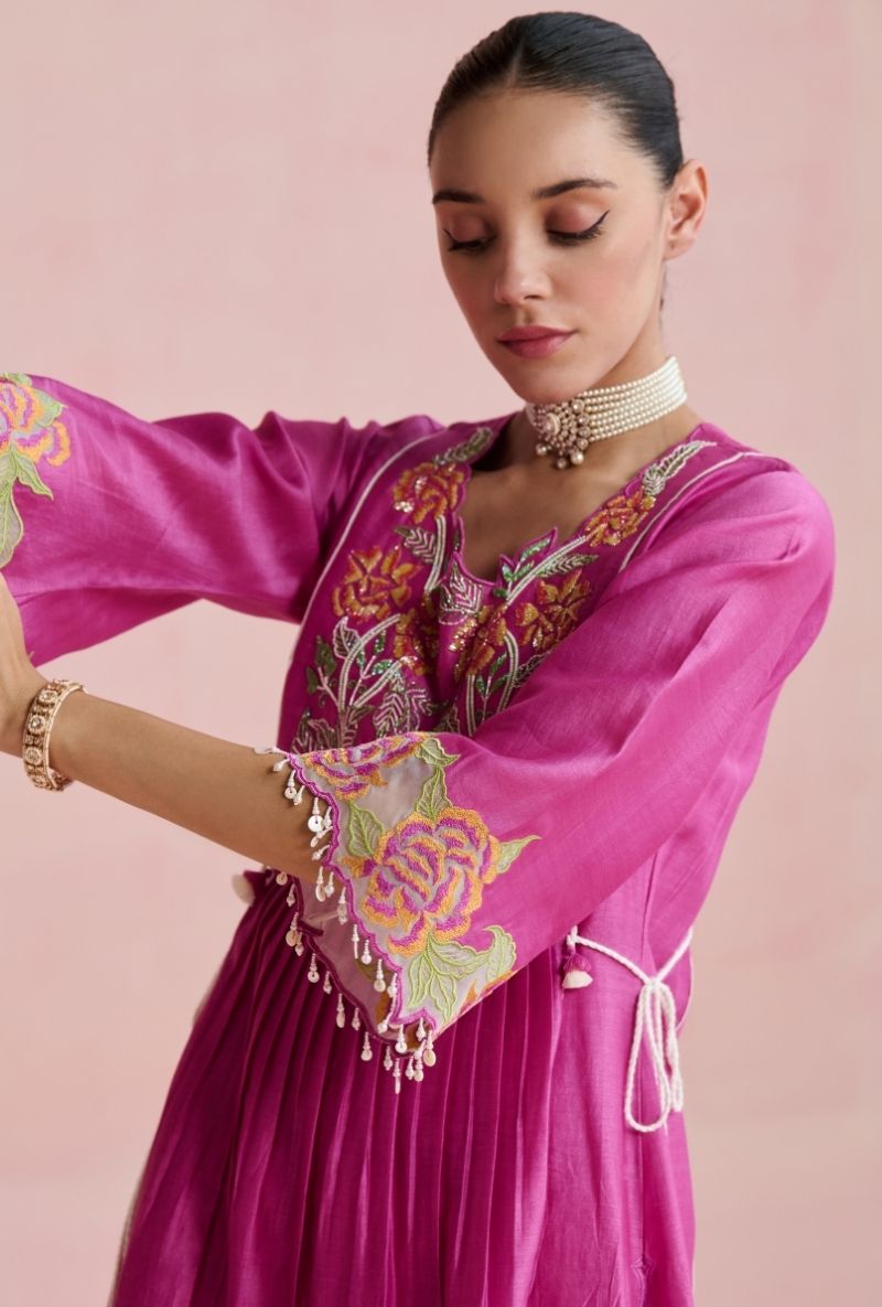Magenta Pink Embroidered Angrakha Yoke Amara Kurta Set