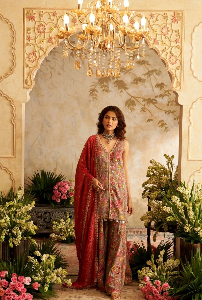 Grey All Over Printed Rumi Gharara Set