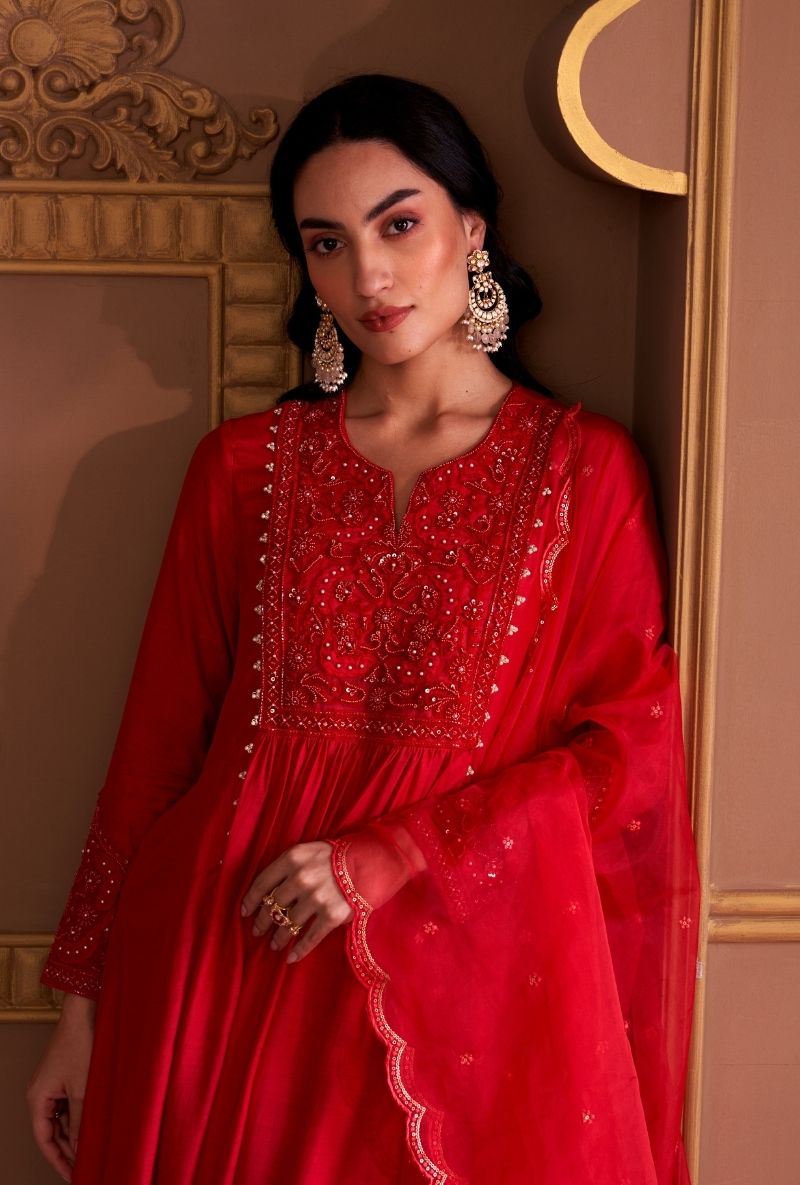 Red Bead Yoke Rasia Kurta Set