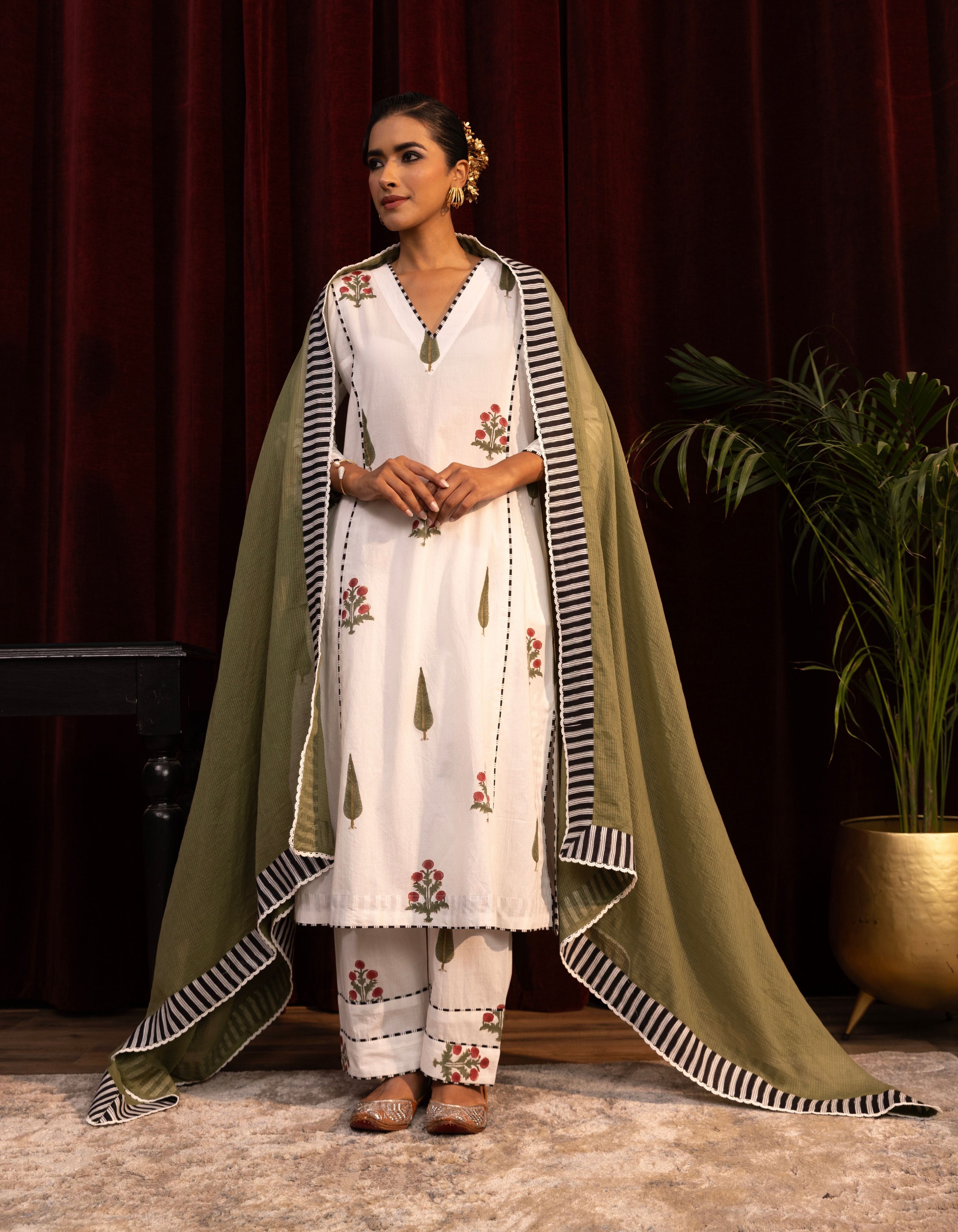 White Cypress Leaf and Poppy Print Mogra Kurta Set