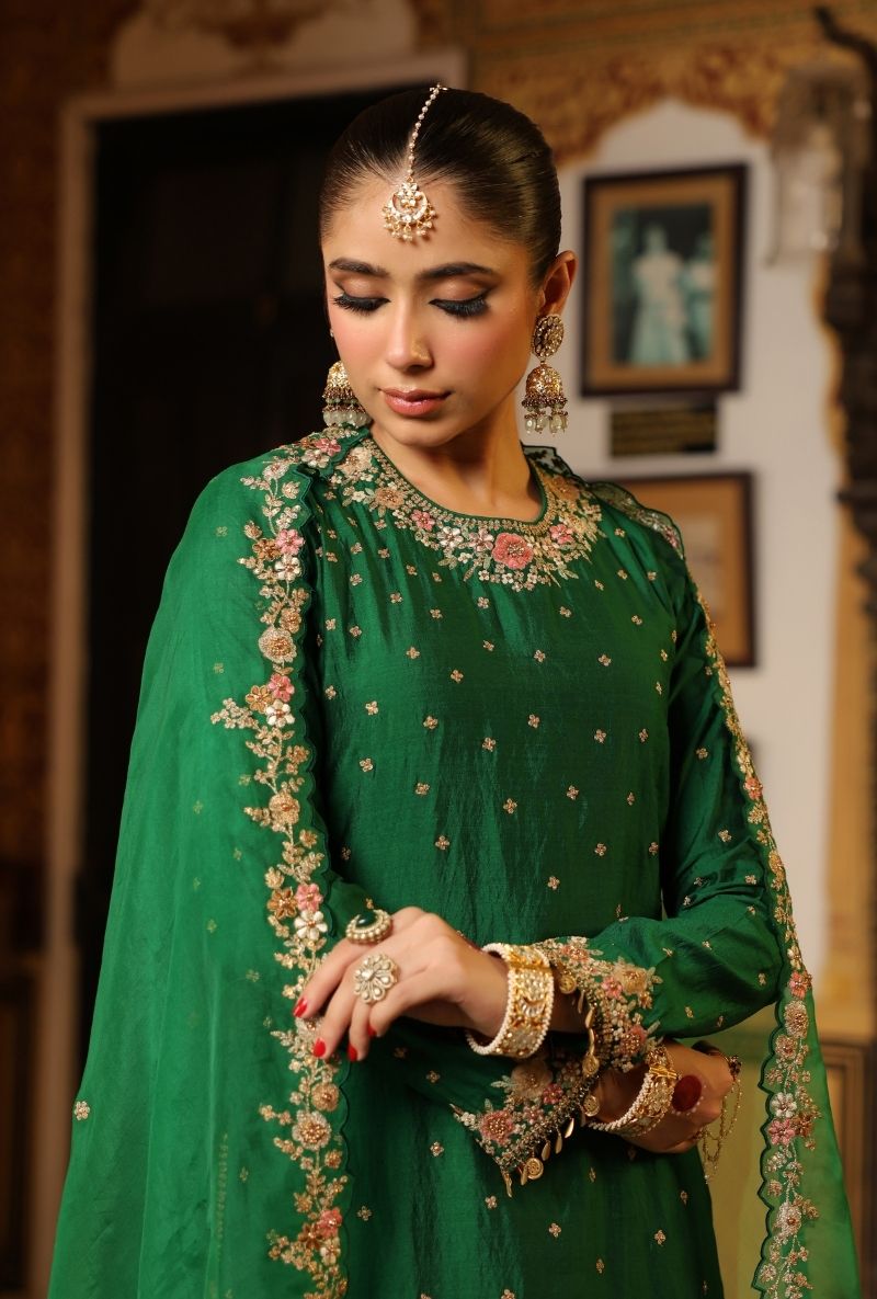 Green Mayur Applique Heavy Dupatta Long Mehfil Kurta Set