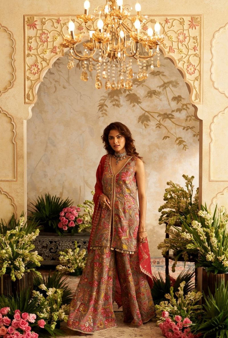 Grey All Over Printed Rumi Gharara Set
