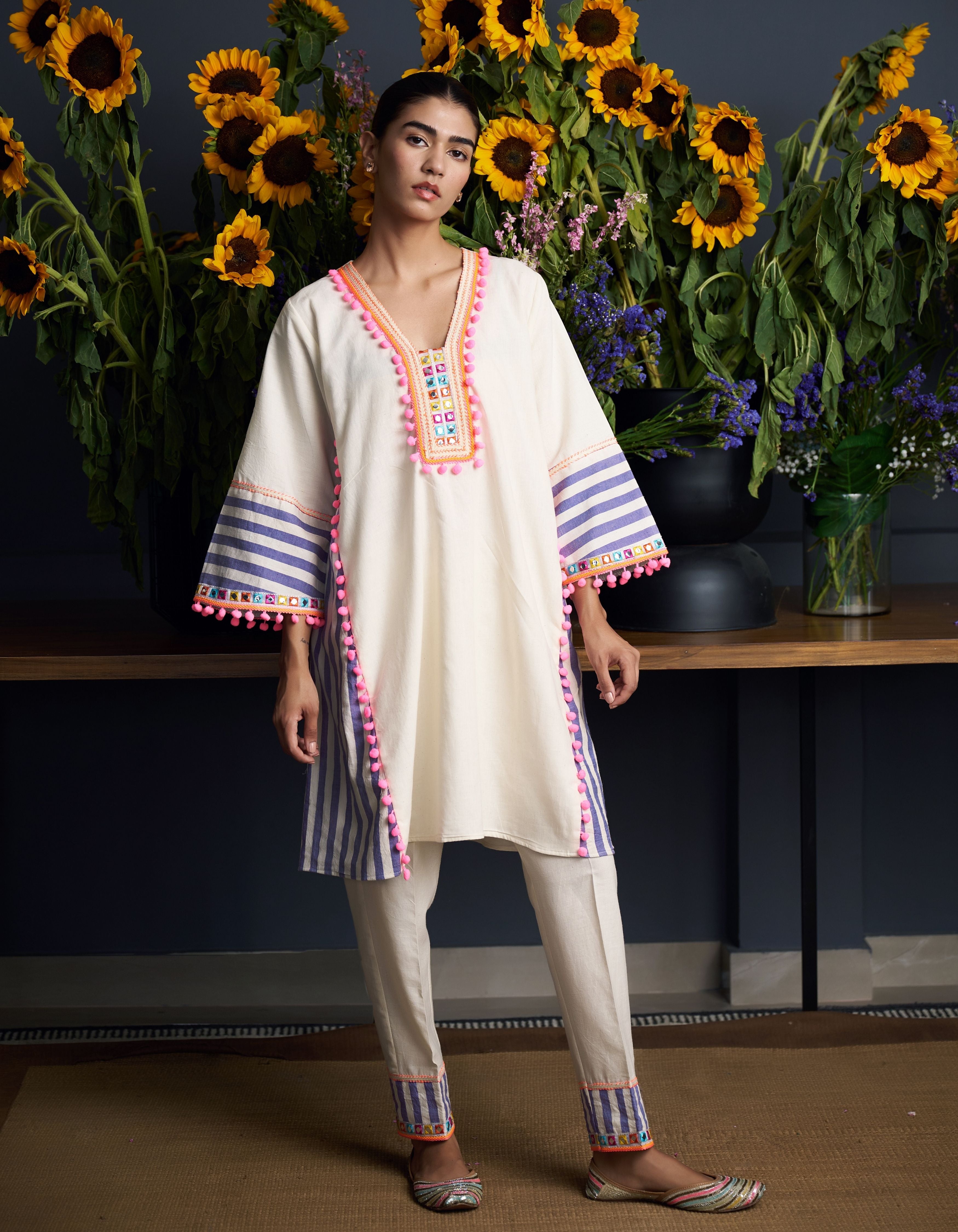 Beige Stripes Panel Lavanya Nadia Kurta Set
