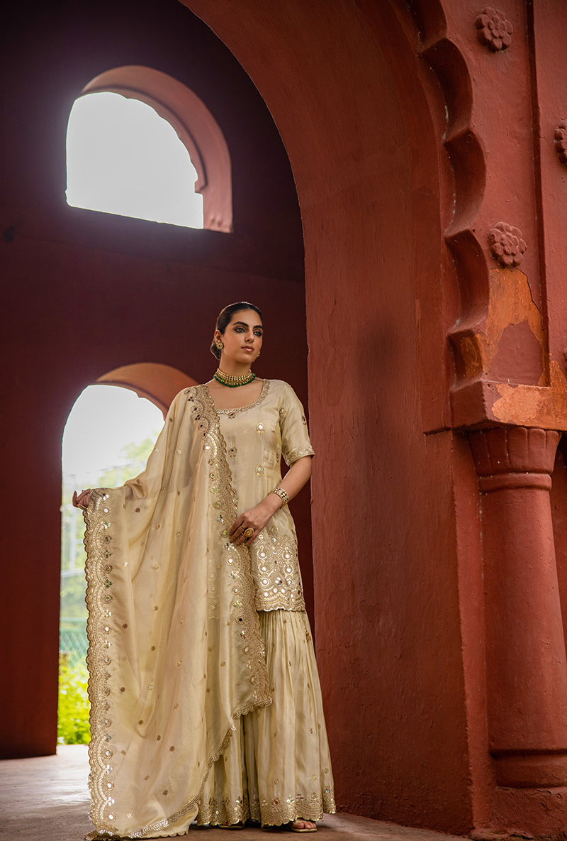 Beige Zari And Mirror Tissue Hoor 3.0 Gharara Set