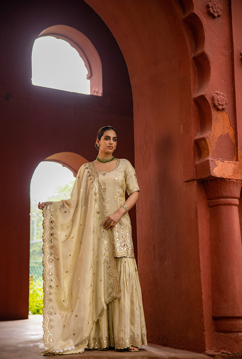 Beige Zari And Mirror Tissue Hoor 3.0 Gharara Set